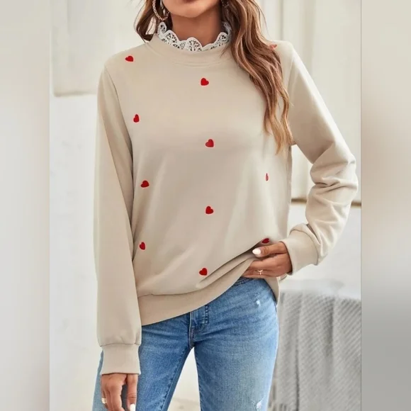 SHEIN Frenchy Heart Embroidery Contrast Lace Sweatshirt Size M UK 10 - Picture 3 of 13